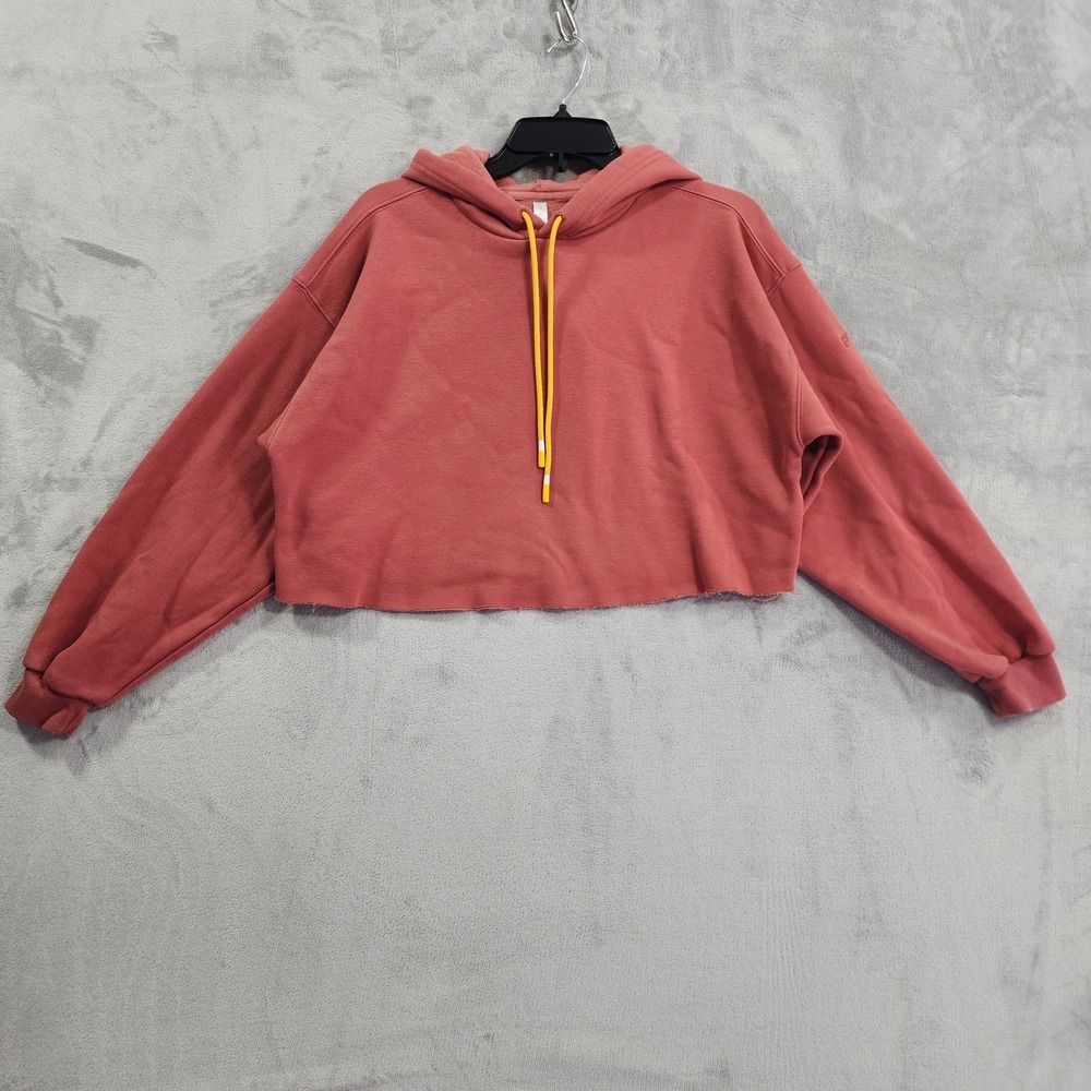 Fabletics Hoodie Womens M Pink Terracotta Cropped Fleece Raw Hem Pullover Casual